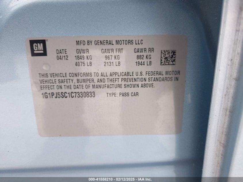 2012 Chevrolet Cruze Eco VIN: 1G1PJ5SC1C7330833 Lot: 41558210