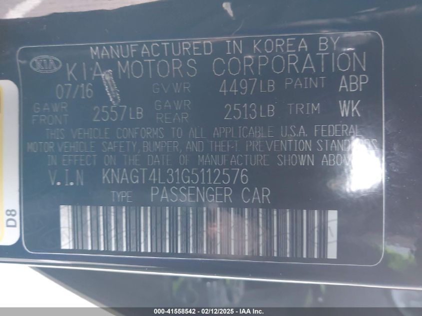 2016 Kia Optima Lx VIN: KNAGT4L31G5112576 Lot: 41558542