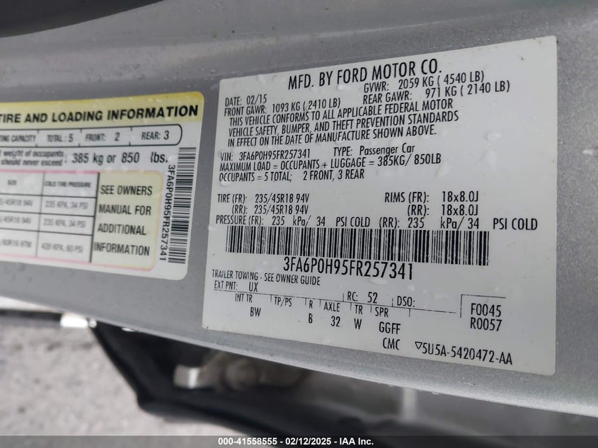 2015 FORD FUSION VIN: 3FA6P0H95FR257341