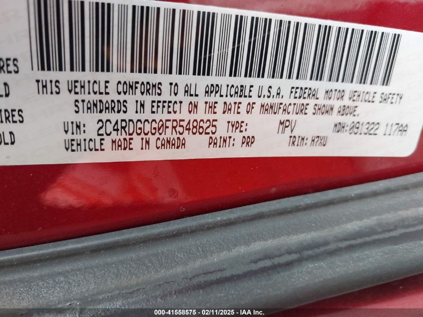 2015 Dodge Grand Caravan Sxt VIN: 2C4RDGCG0FR548625 Lot: 41558575