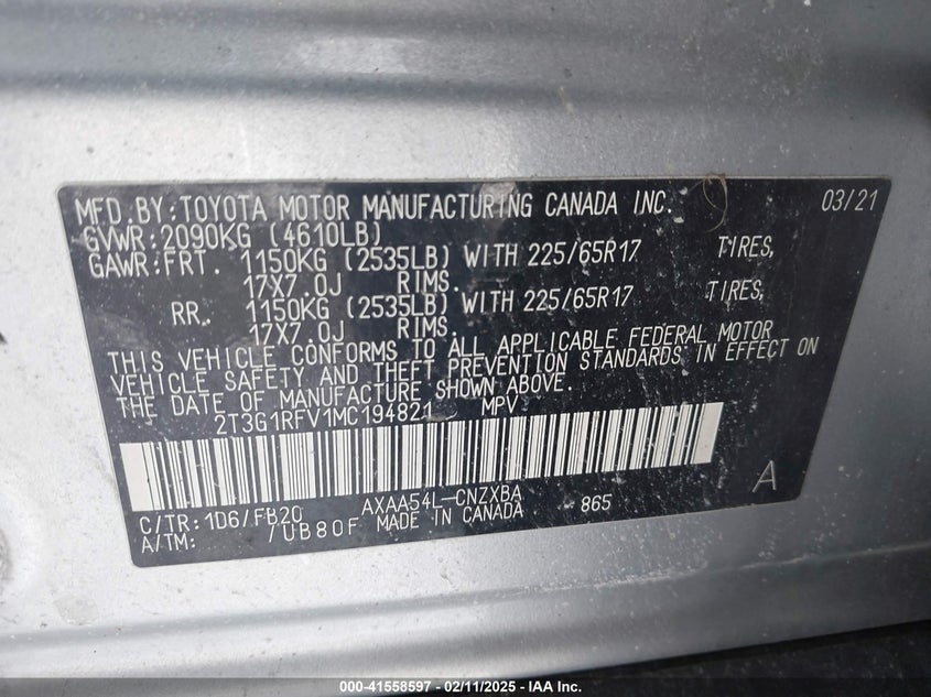 2021 Toyota Rav4 Le VIN: 2T3G1RFV1MC194821 Lot: 41558597
