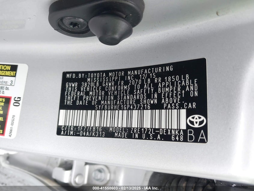 2016 TOYOTA COROLLA VIN: 5YFBURHE1GP437216