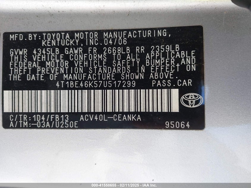2007 TOYOTA CAMRY VIN: 4T1BE46K57U517299