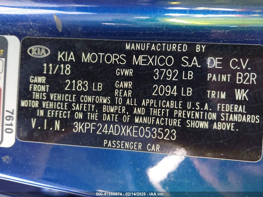 2019 KIA FORTE VIN: 3KPF24ADXKE053523