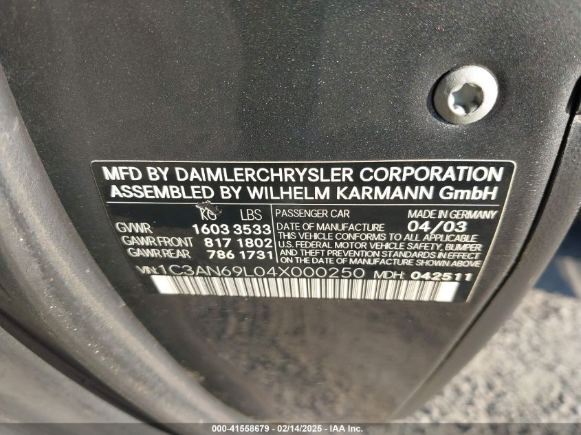 2004 Chrysler Crossfire VIN: 1C3AN69L04X000250 Lot: 41558679