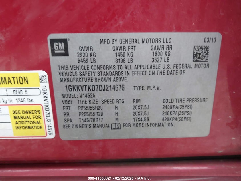 2013 GMC Acadia Denali VIN: 1GKKVTKD7DJ214676 Lot: 41558821