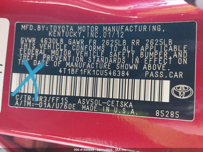 2012 TOYOTA CAMRY VIN: 4T1BF1FK1CU546384