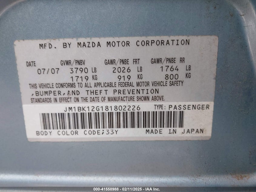 2008 Mazda Mazda3 I VIN: JM1BK12G181802226 Lot: 41558988