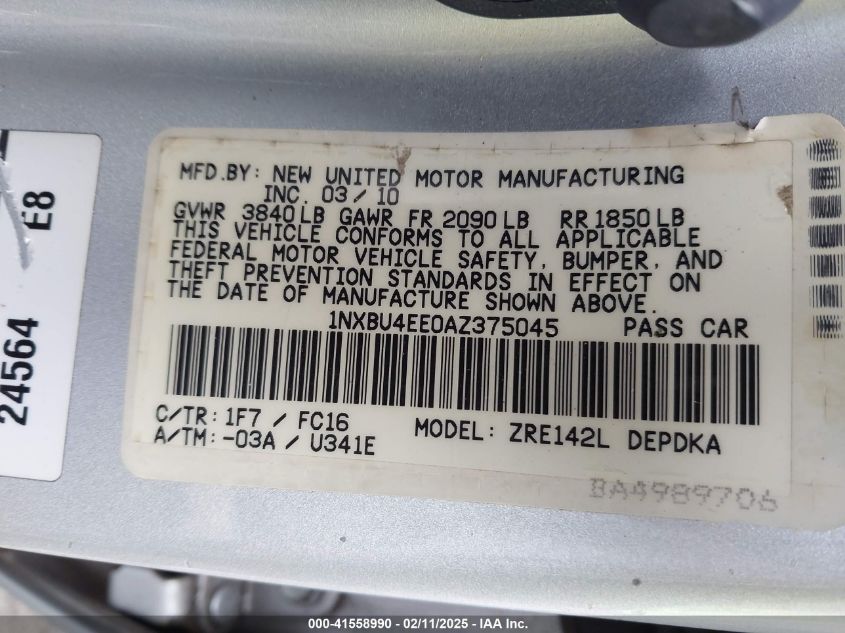 2010 Toyota Corolla Le VIN: 1NXBU4EE0AZ375045 Lot: 41558990