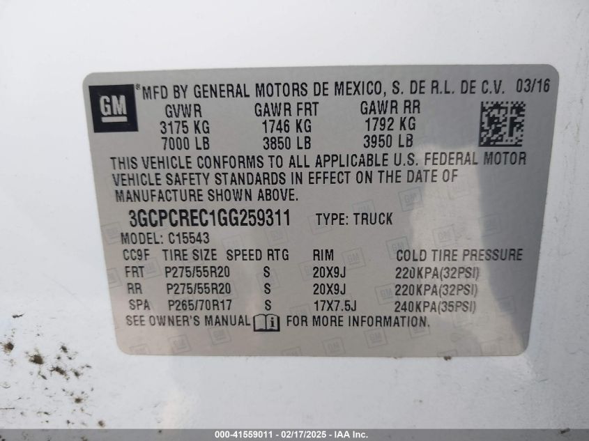 2016 Chevrolet Silverado 1500 1Lt VIN: 3GCPCREC1GG259311 Lot: 41559011