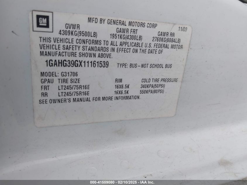 2001 Chevrolet Express VIN: 1GAHG39GX11161539 Lot: 41559080