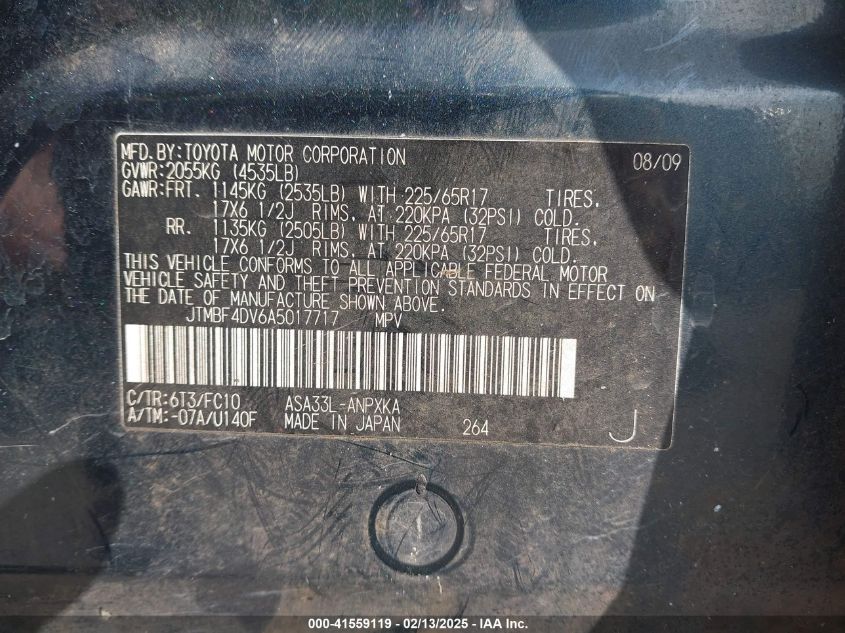 2010 Toyota Rav4 VIN: JTMBF4DV6A5017717 Lot: 41559119