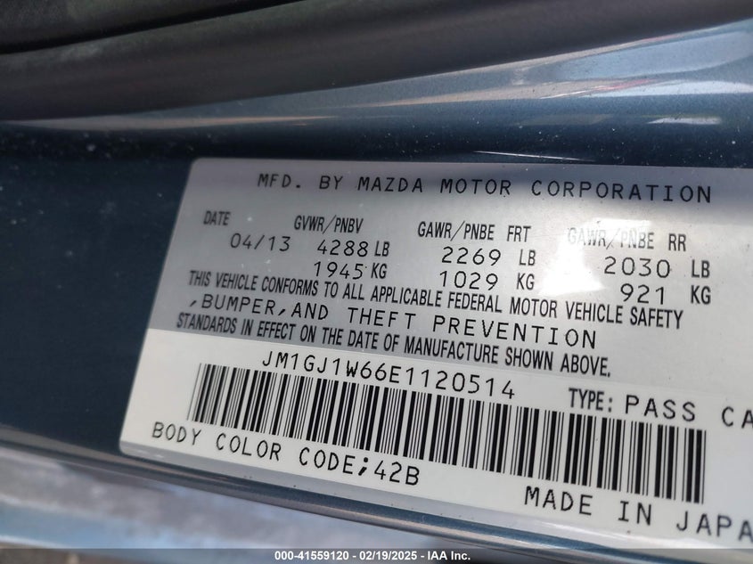 2014 MAZDA 6 VIN: JM1GJ1W66E1120514