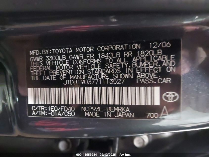 2007 Toyota Yaris S VIN: JTDBT903771113527 Lot: 41559284