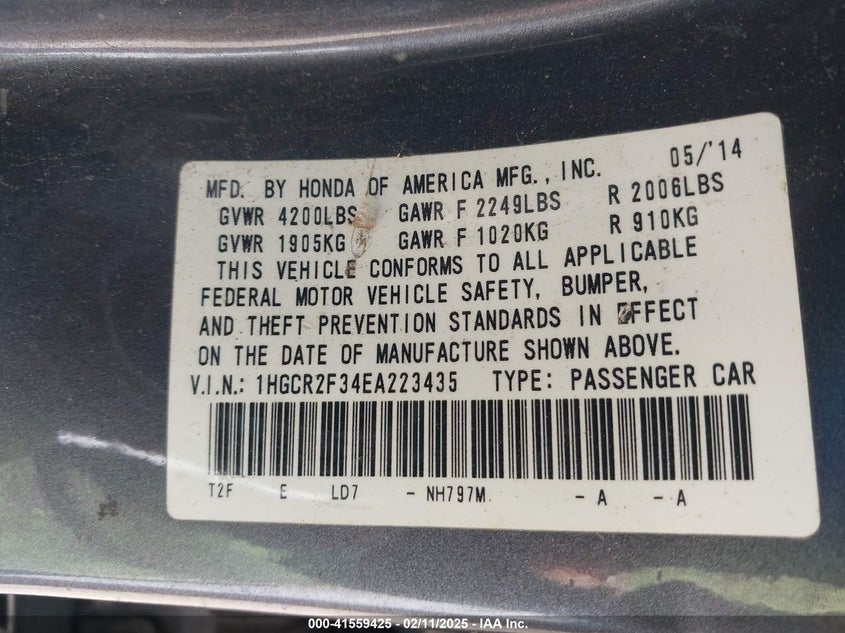 2014 HONDA ACCORD VIN: 1HGCR2F34EA223435