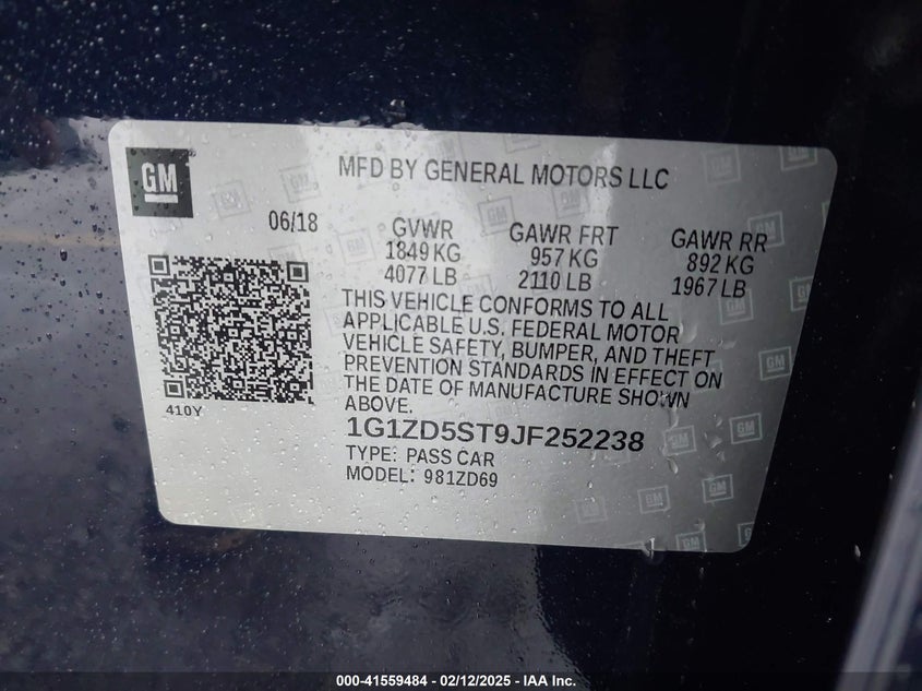 2018 CHEVROLET MALIBU VIN: 1G1ZD5ST9JF252238