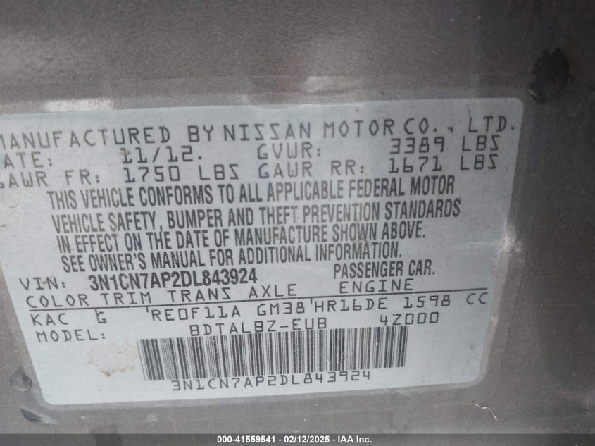 2013 NISSAN VERSA VIN: 3N1CN7AP2DL843924