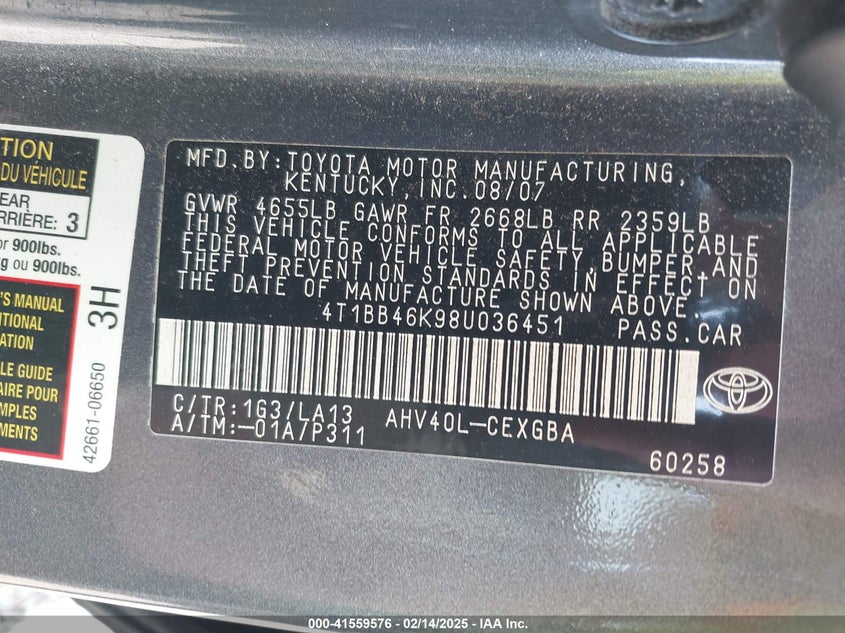 2008 TOYOTA CAMRY HYBRID VIN: 4T1BB46K98U036451
