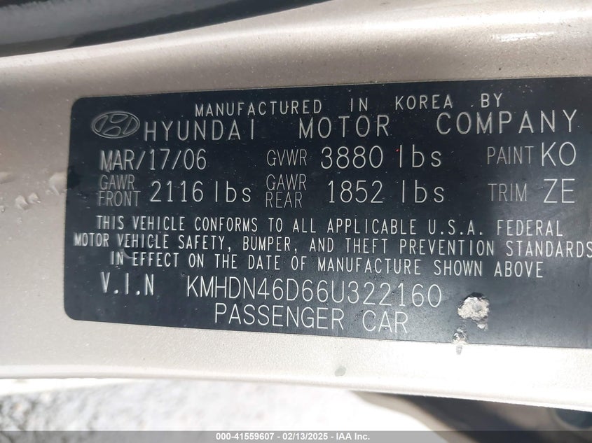 2006 HYUNDAI ELANTRA VIN: KMHDN46D66U322160