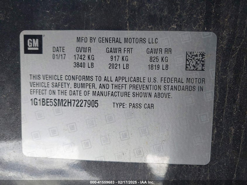 2017 CHEVROLET CRUZE VIN: 1G1BE5SM2H7227905