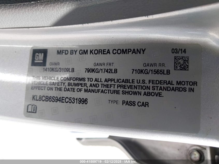 2014 Chevrolet Spark Ls Auto VIN: KL8CB6S94EC531996 Lot: 41559719