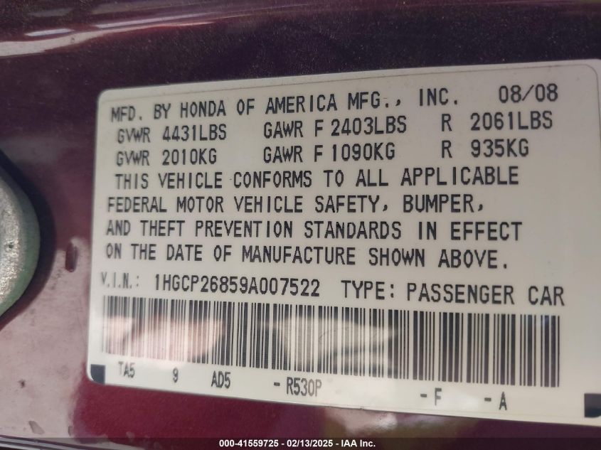 2009 Honda Accord 2.4 Ex-L VIN: 1HGCP26859A007522 Lot: 41559725