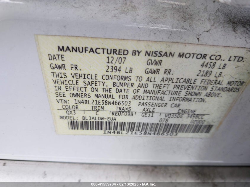 2008 NISSAN ALTIMA VIN: 1N4BL21E58N466503