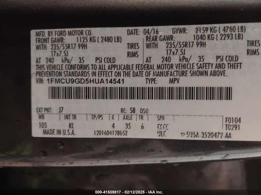 2017 Ford Escape Se VIN: 1FMCU9GD5HUA14541 Lot: 41559817