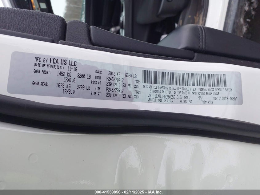 2019 JEEP GRAND CHEROKEE VIN: 1C4RJFAG9KC591515
