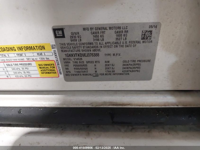 2014 GMC Acadia Denali VIN: 1GKKVTKD9EJ376388 Lot: 41559906
