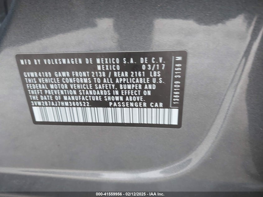 2017 VOLKSWAGEN JETTA VIN: 3VW2B7AJ7HM360522