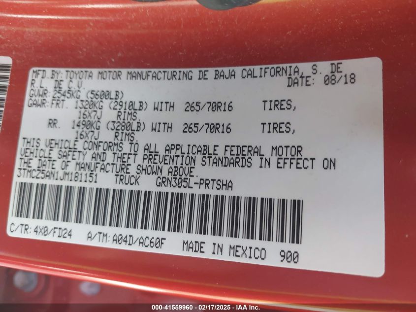 2018 Toyota Tacoma Trd Off Road VIN: 3TMCZ5AN1JM181151 Lot: 41559960