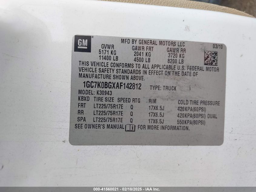 2010 Chevrolet Silverado 3500Hd Lt VIN: 1GC7K0BGXAF142812 Lot: 41560021
