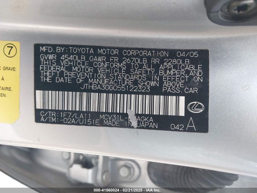 2005 Lexus Es 330 VIN: JTHBA30G055122323 Lot: 41560024
