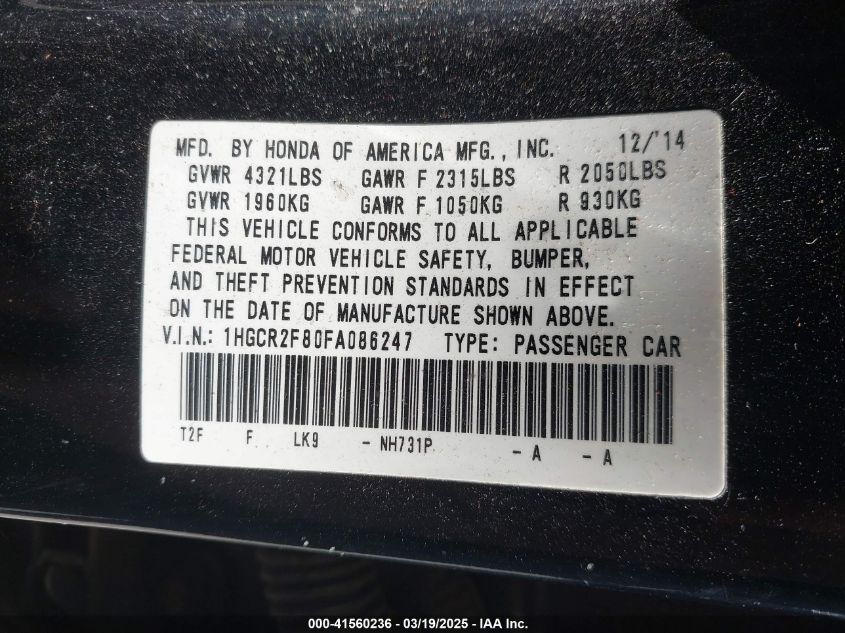 2015 Honda Accord Ex-L VIN: 1HGCR2F80FA086247 Lot: 41560236