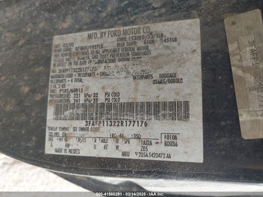 2002 Ford Escort Zx2 Deluxe/Zx2 Premium/Zx2 Standard VIN: 3FAFP11322R177176 Lot: 41560291