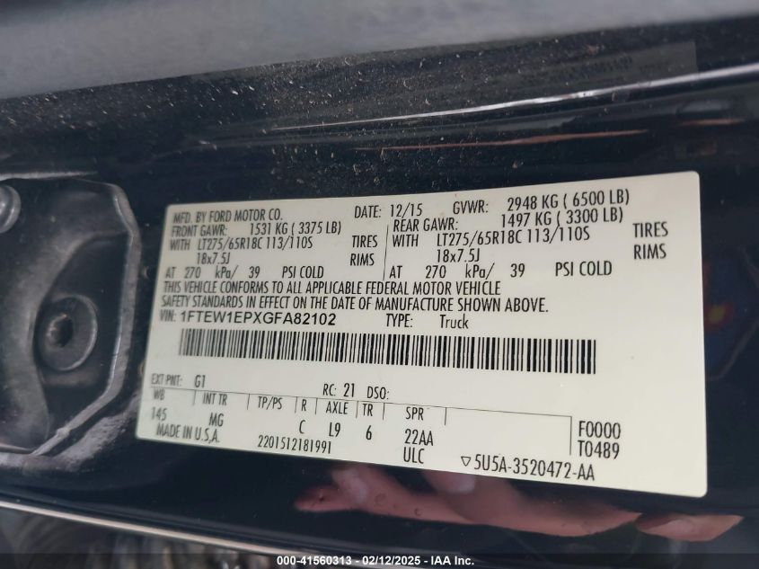 2016 Ford F150 Lariat/Xl/Xlt VIN: 1FTEW1EPXGFF82102 Lot: 41560313