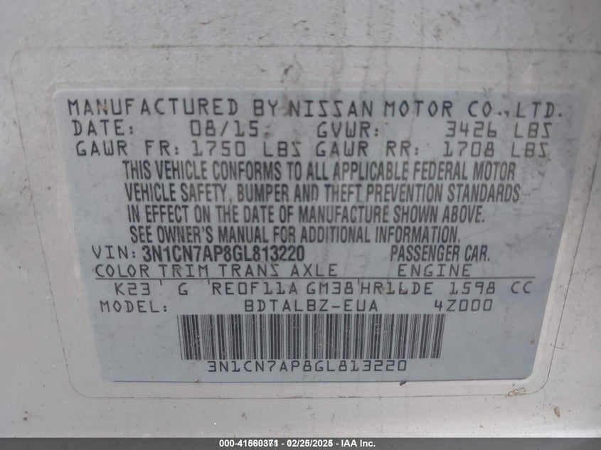 2016 NISSAN VERSA - 3N1CN7AP8GL813220