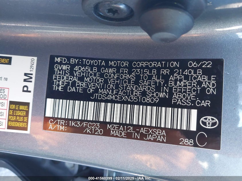 2022 TOYOTA COROLLA VIN: JTDS4MCEXN3510809