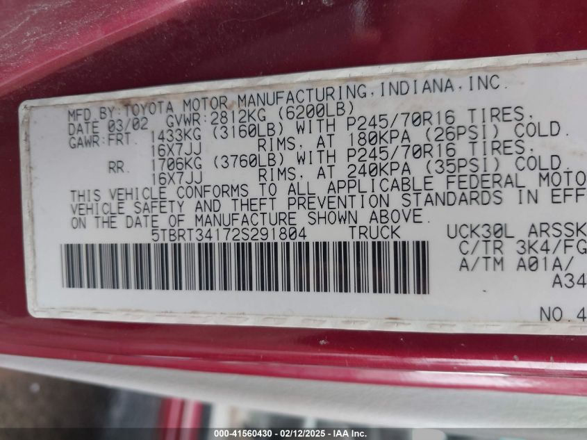 2002 Toyota Tundra Sr5 V8 VIN: 5TBRT34172S291804 Lot: 41560430