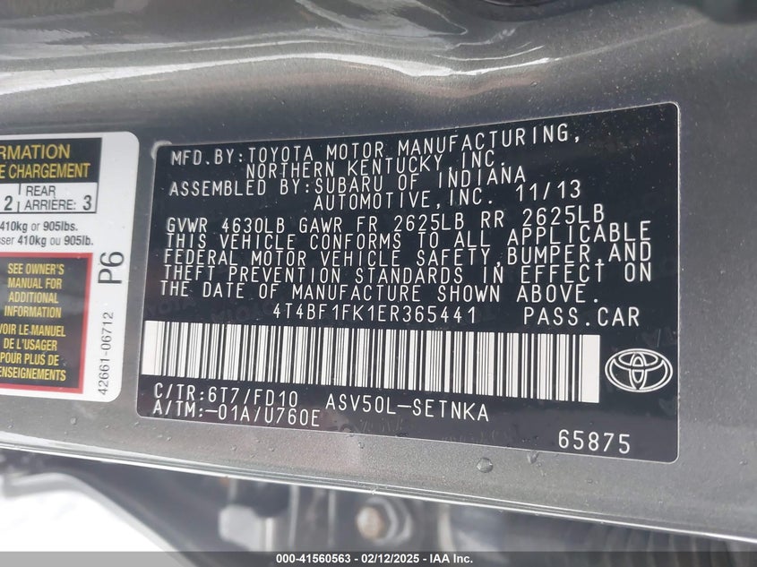 2014 TOYOTA CAMRY VIN: 4T4BF1FK1ER365441