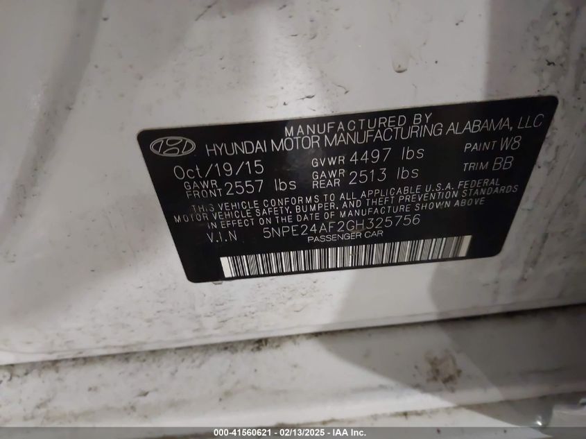 2016 Hyundai Sonata Se VIN: 5NPE24AF2GH325756 Lot: 41560621
