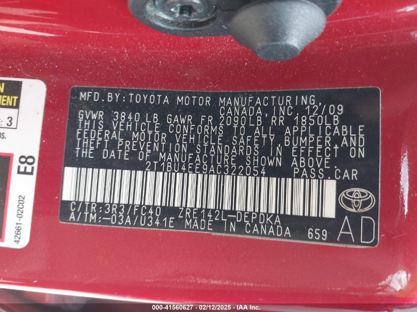 2010 Toyota Corolla Le VIN: 2T1BU4EE9AC322054 Lot: 41560627