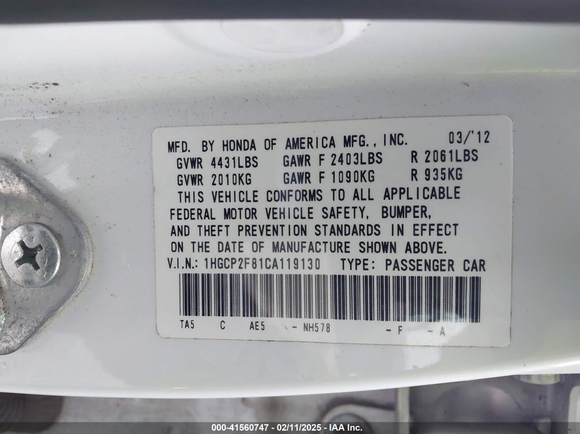 2012 HONDA ACCORD VIN: 1HGCP2F81CA119130