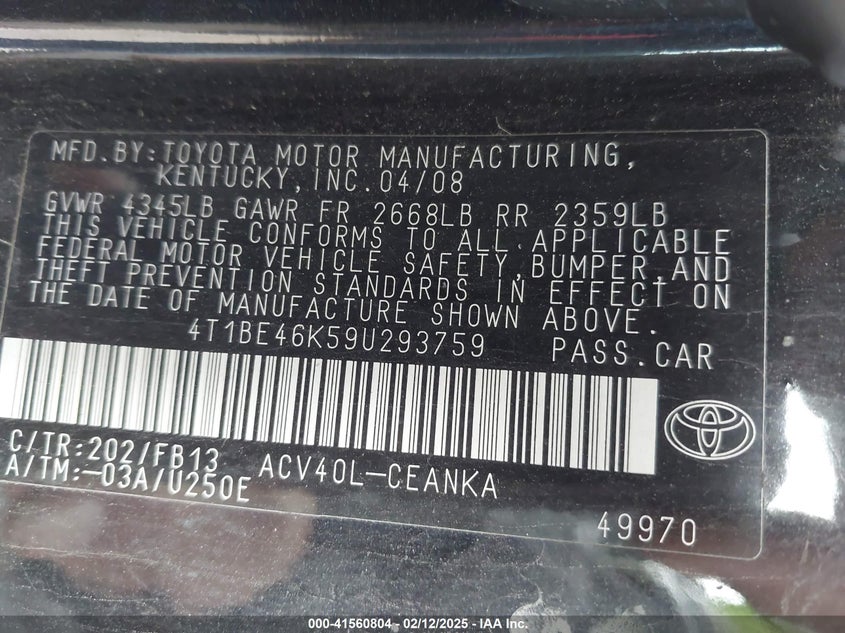 2009 Toyota Camry VIN: 4T1BE46K59U293759 Lot: 41560804