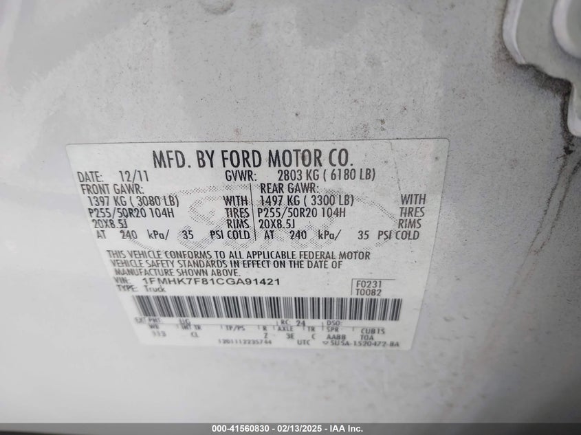 2012 FORD EXPLORER VIN: 1FMHK7F81CGA91421