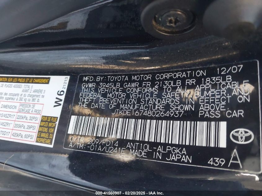 2008 Scion Tc VIN: JTKDE167480264937 Lot: 41560907