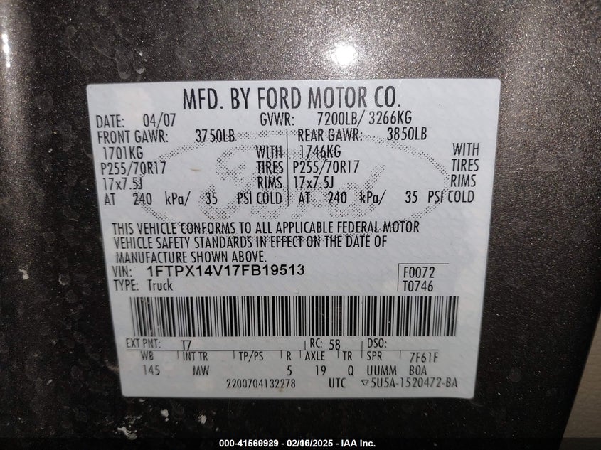 2007 FORD F-150 VIN: 1FTPX14V17FB19513