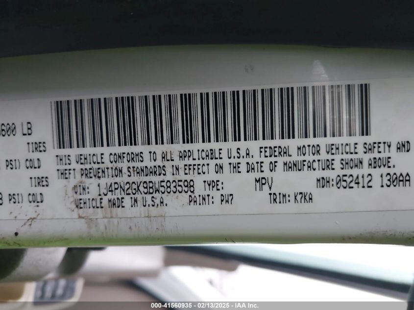 2011 Jeep Liberty Sport VIN: 1J4PN2GK9BW583598 Lot: 41560935