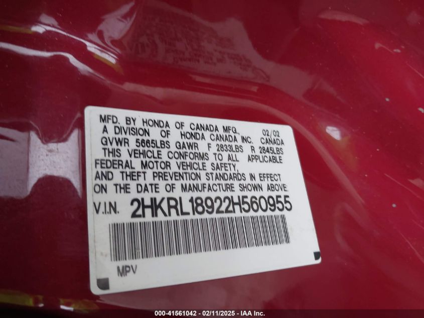 2002 Honda Odyssey Ex-L VIN: 2HKRL18922H560955 Lot: 41561042